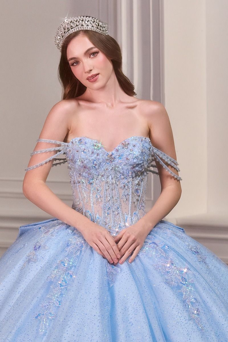 Light Blue Off-Shoulder Sweetheart Quinceañera Ball Gown with Bow Back