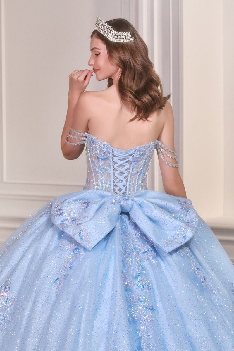 Light Blue Off-Shoulder Sweetheart Quinceañera Ball Gown with Bow Back