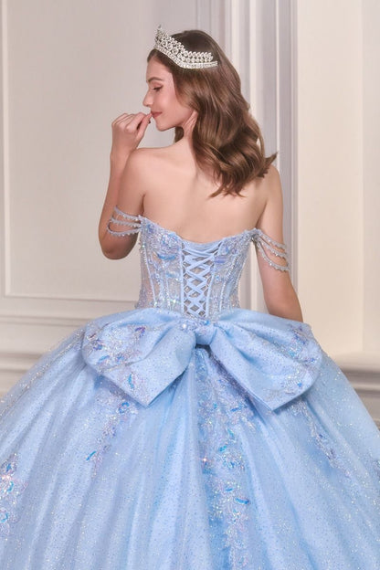 Light Blue Off-Shoulder Sweetheart Quinceañera Ball Gown with Bow Back