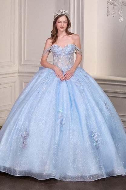 Light Blue Off-Shoulder Sweetheart Quinceañera Ball Gown with Bow Back
