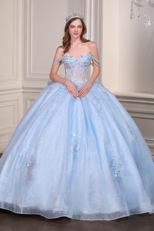 Light Blue Off-Shoulder Sweetheart Quinceañera Ball Gown with Bow Back