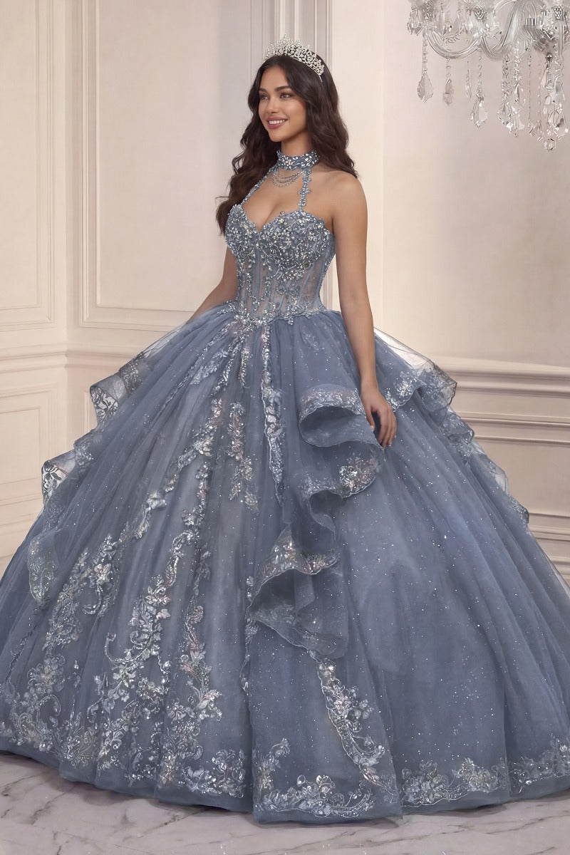 Quinceanera Tiered Ball Gown With Halter Neckline