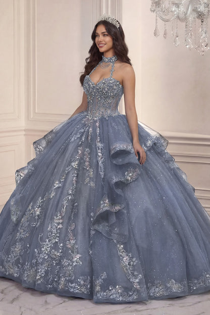 Quinceanera Tiered Ball Gown With Halter Neckline