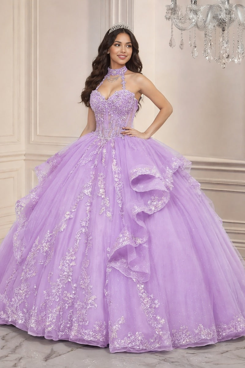 Quinceanera Tiered Ball Gown With Halter Neckline