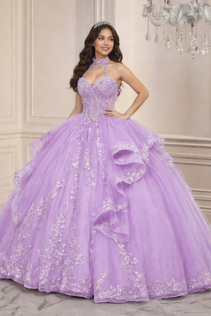 Quinceanera Tiered Ball Gown With Halter Neckline