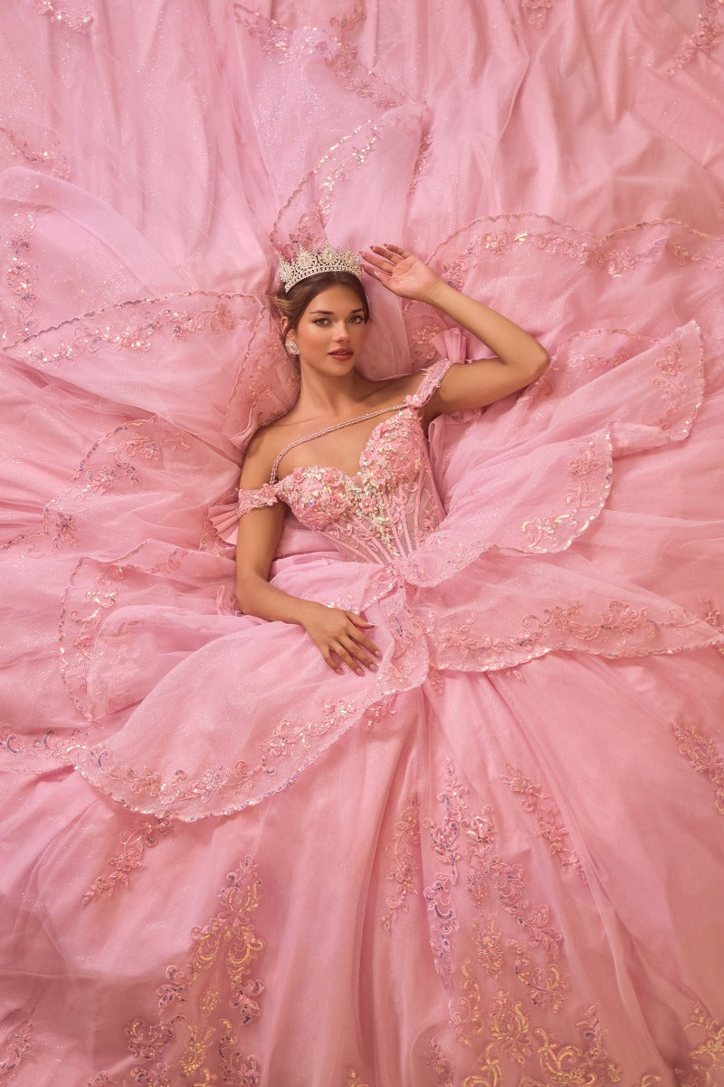 Off The Shoulder Layered Quinceanera Pink Ball Gown