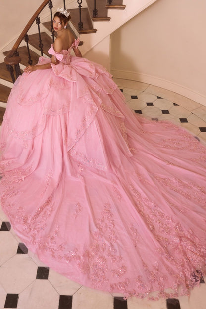 Off The Shoulder Layered Quinceanera Pink Ball Gown