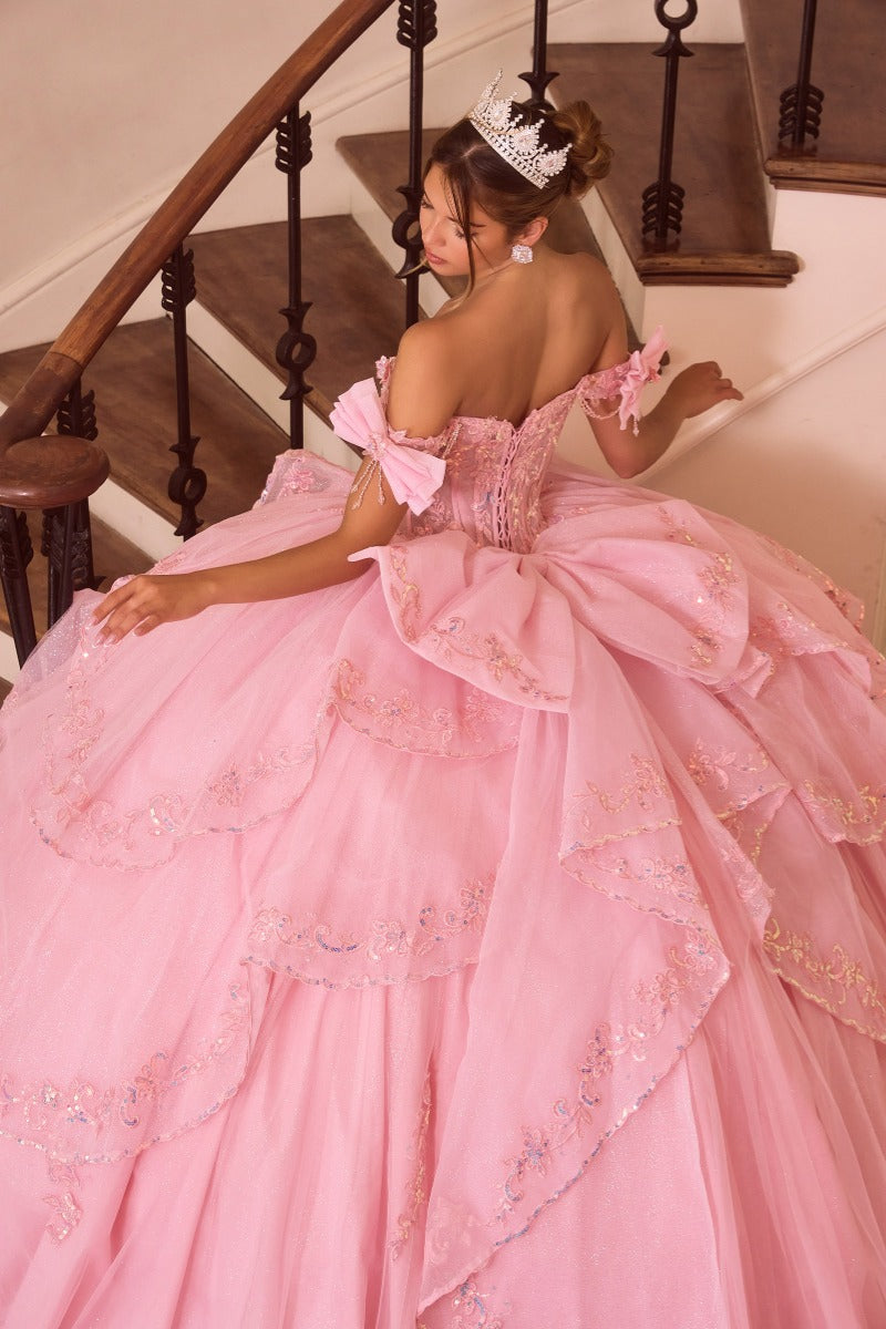Off The Shoulder Layered Quinceanera Pink Ball Gown