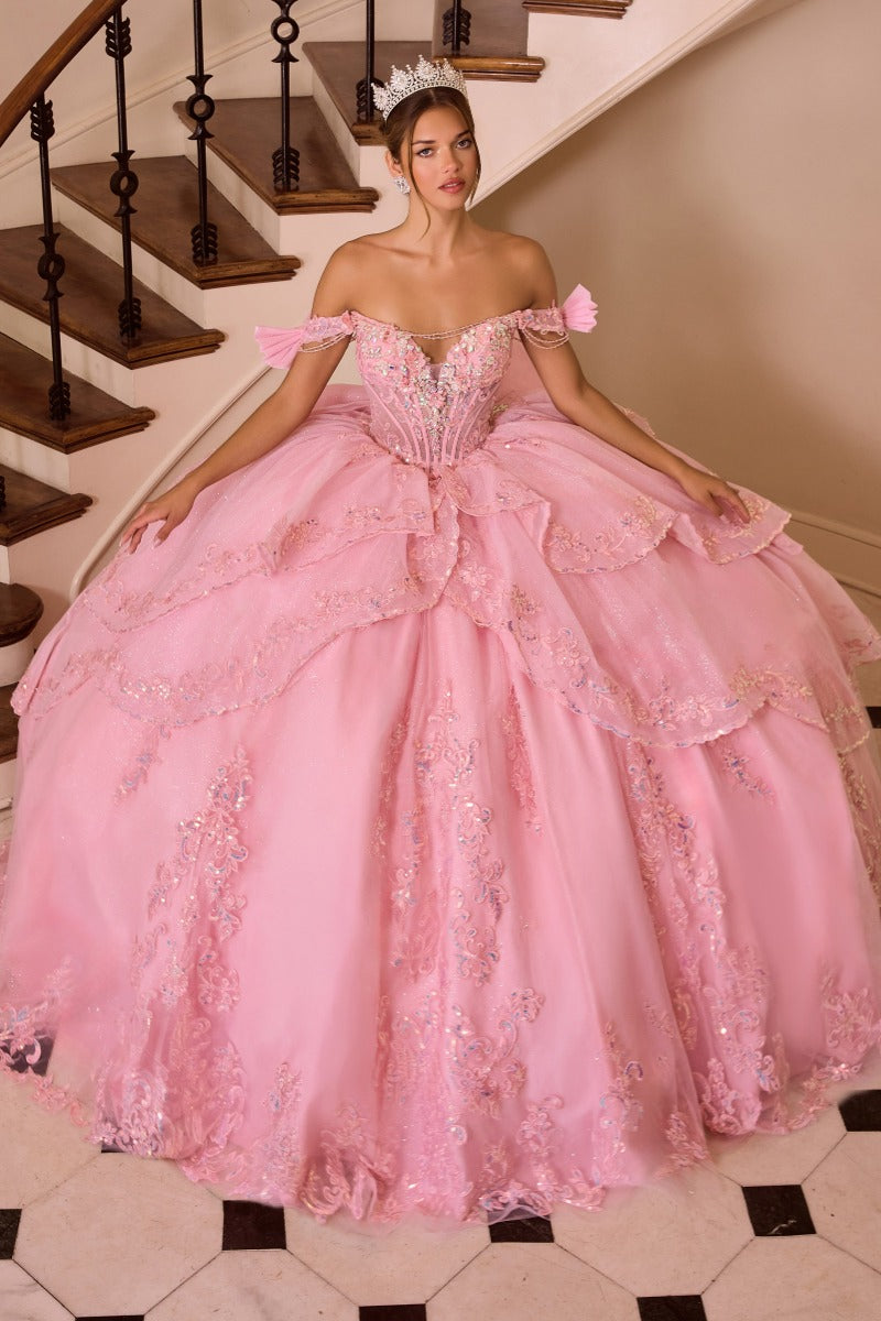 Off The Shoulder Layered Quinceanera Pink Ball Gown
