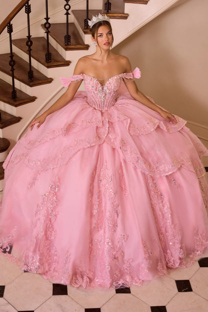 Off The Shoulder Layered Quinceanera Pink Ball Gown