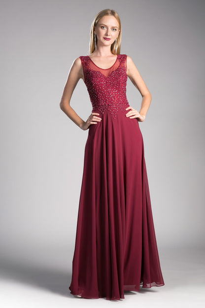 A-Line Chiffon Gown With Lace Embellished Bodice.