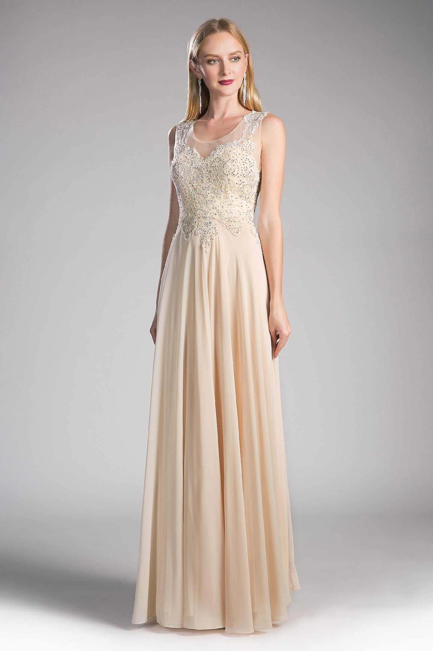 A-Line Chiffon Gown With Lace Embellished Bodice.