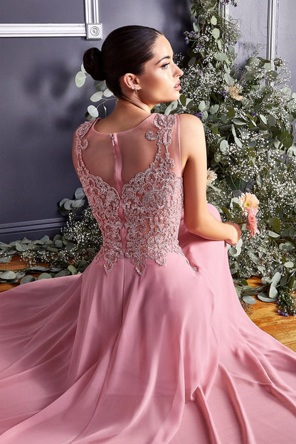A-Line Chiffon Gown With Lace Embellished Bodice.