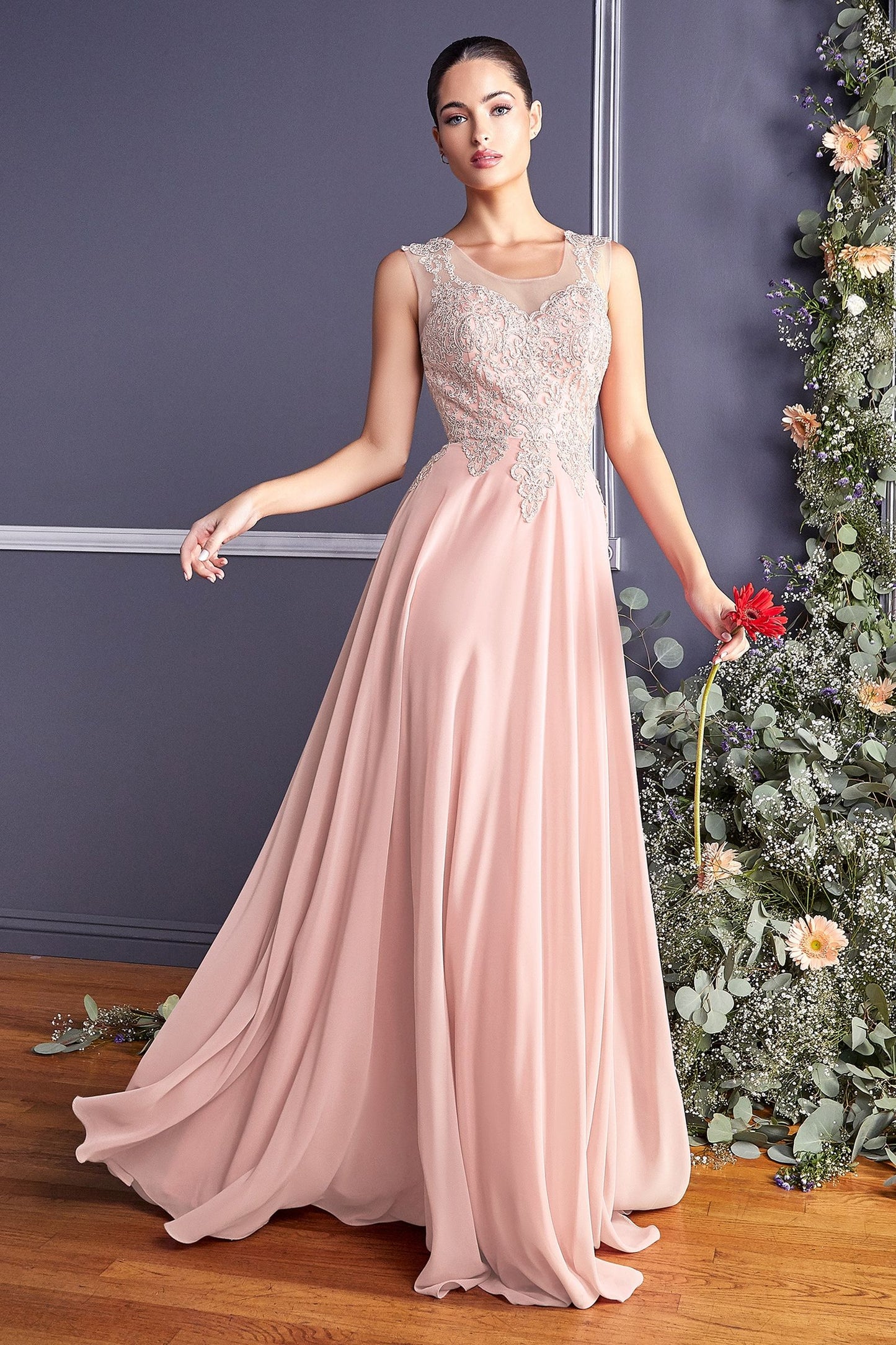 A-Line Chiffon Gown With Lace Embellished Bodice.