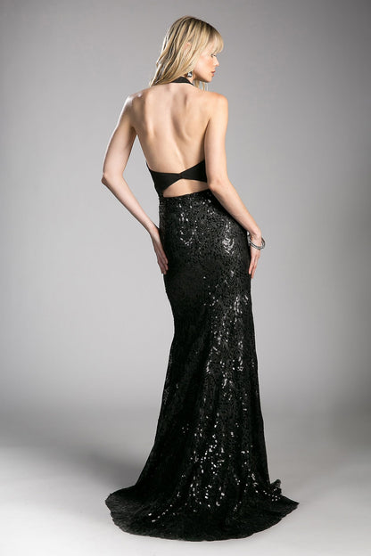 Fitted Sequin Gown with Halter Neckline
