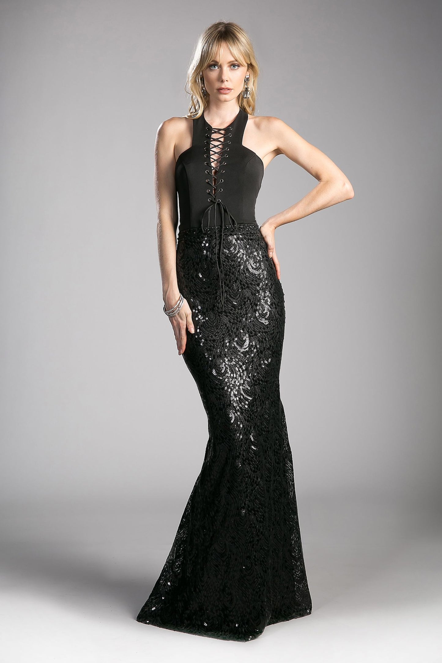 Fitted Sequin Gown with Halter Neckline