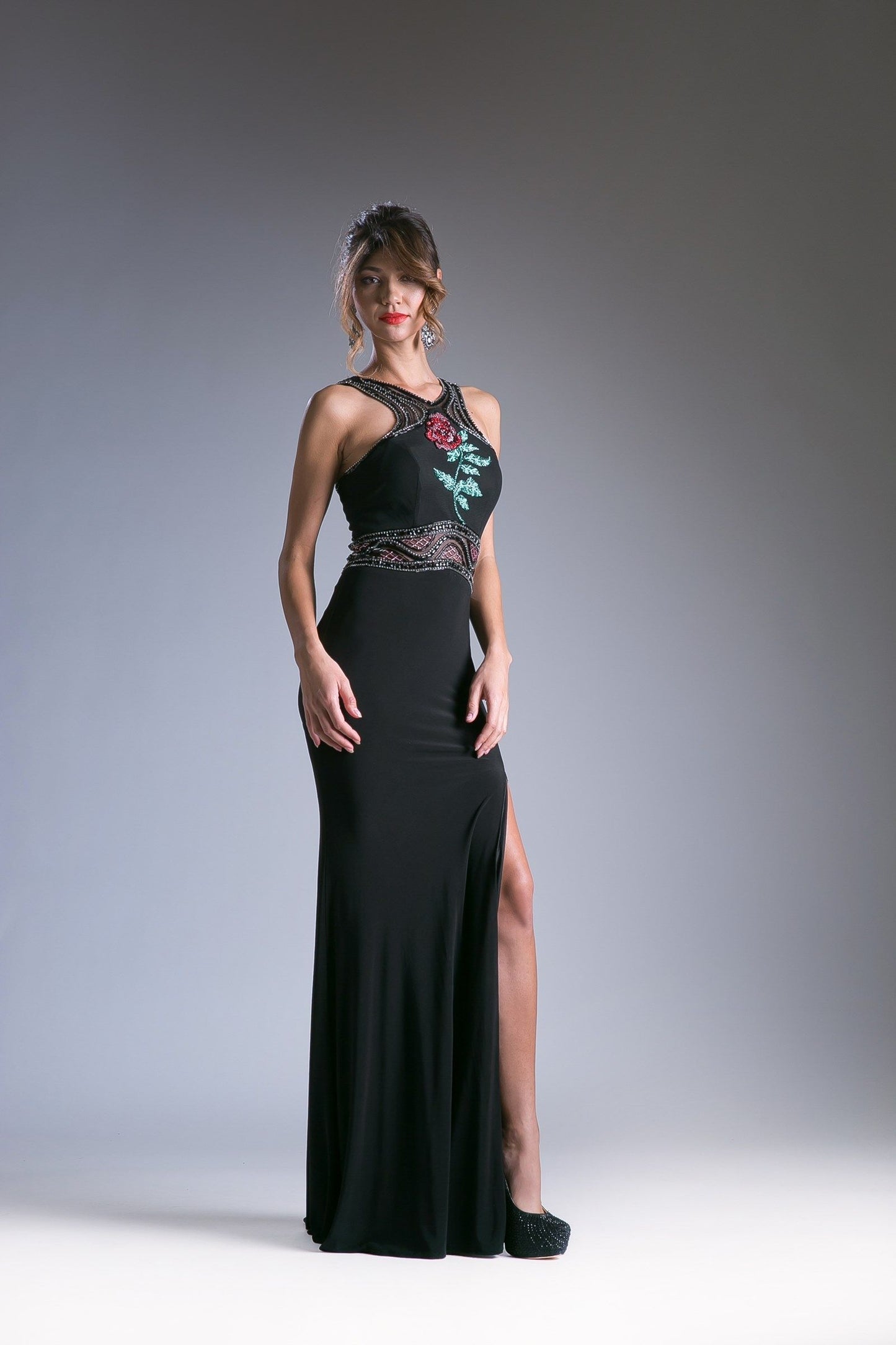 Beaded Sateen Empire Waist Gown