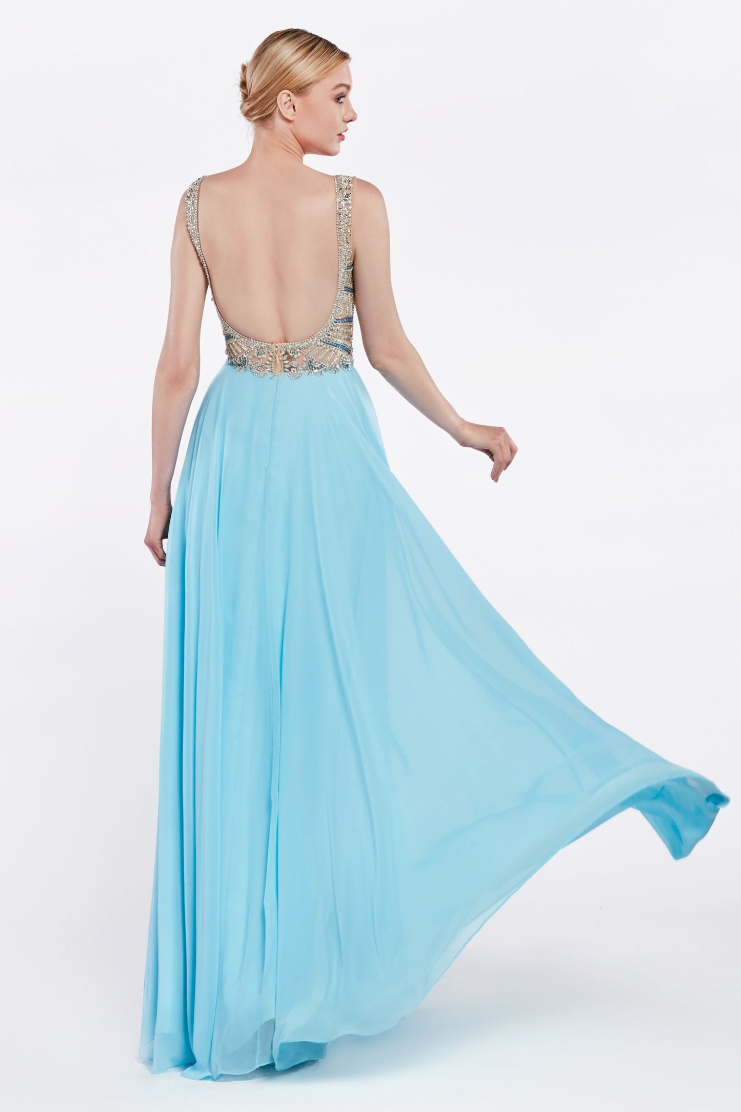 A-line chiffon dress with embellished top and open back