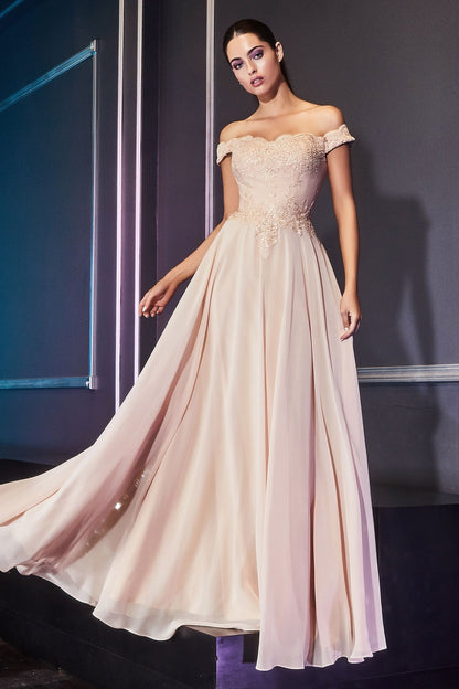 Off The Shoulder Lace Bodice Gown With Flowy Chiffon Bottom And Leg Slit In Lining.