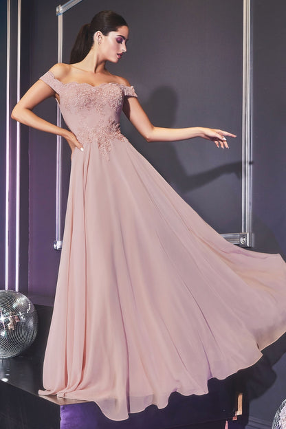 Off The Shoulder Lace Bodice Gown With Flowy Chiffon Bottom And Leg Slit In Lining.