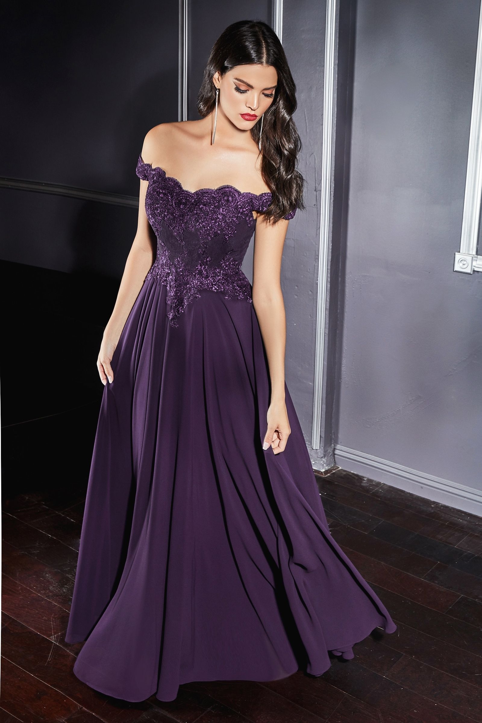 Off The Shoulder Lace Bodice Gown With Flowy Chiffon Bottom And Leg Sl Tux-USA Off The Shoulder Lace Bodice Gown With Flowy Chiffon Bottom And Leg Sl Tux-USA