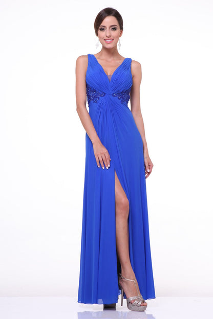 A-line dress with v-neckline and illusion back cover