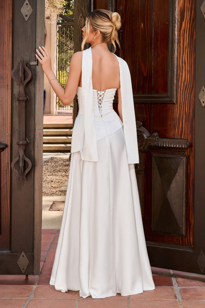 Luxe Satin Draped Wedding Gown With Scarf Neckline & Asymmetrical Peplum