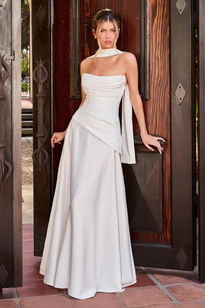 Luxe Satin Draped Wedding Gown With Scarf Neckline & Asymmetrical Peplum
