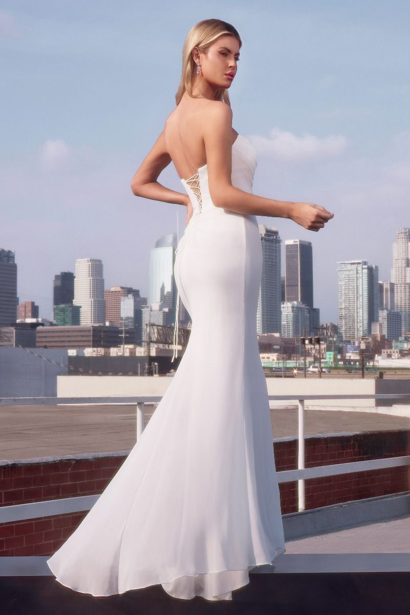 white chiffon strapless dress White Chiffon Strapless Slit Gown by Ladivine CD355W