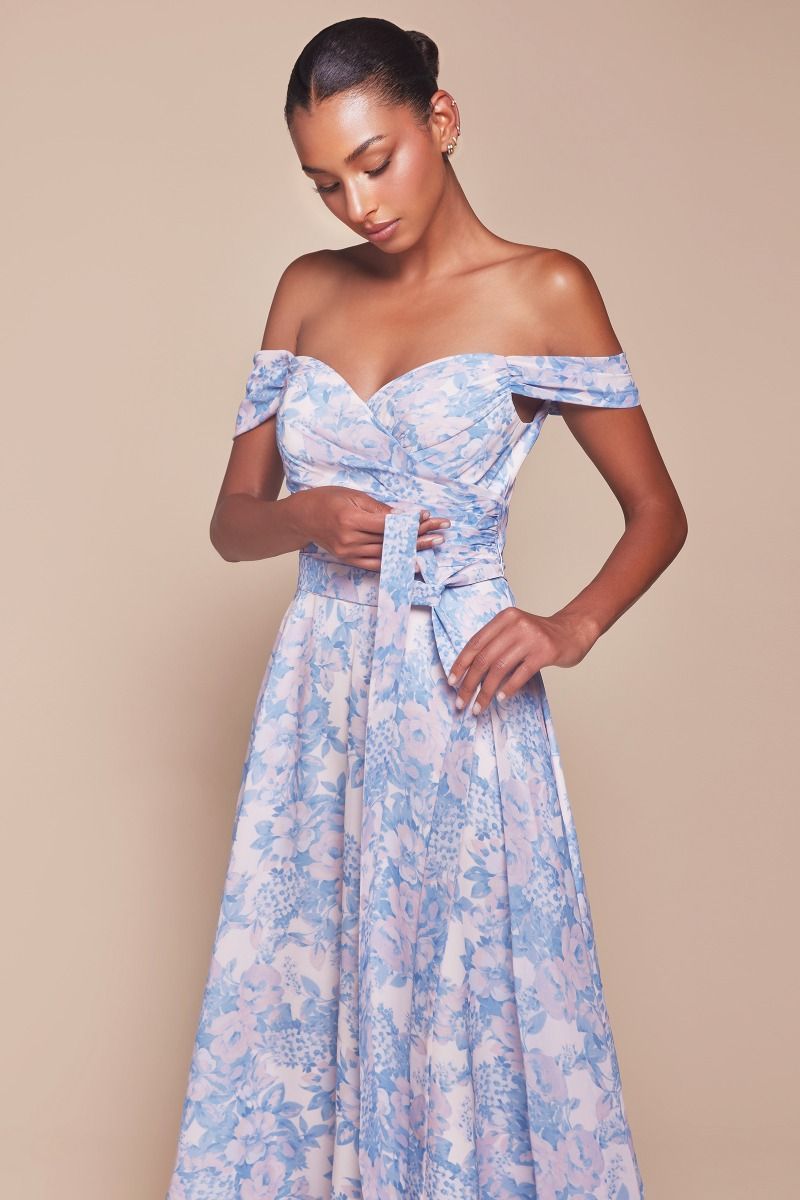 Ladivine 7441 Off Shoulder Satin Floral Printed A Line Dress, Blue / 6 Ladivine 7441 Off Shoulder Satin Floral Printed A Line Dress, Blue / 6
