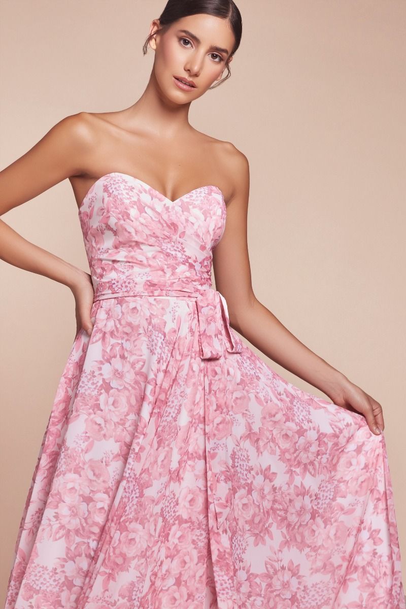 Ladivine 7443 Strapless A Line Floral Printed Satin Dress, Blue / 8 Ladivine 7443 Strapless A Line Floral Printed Satin Dress, Blue / 8
