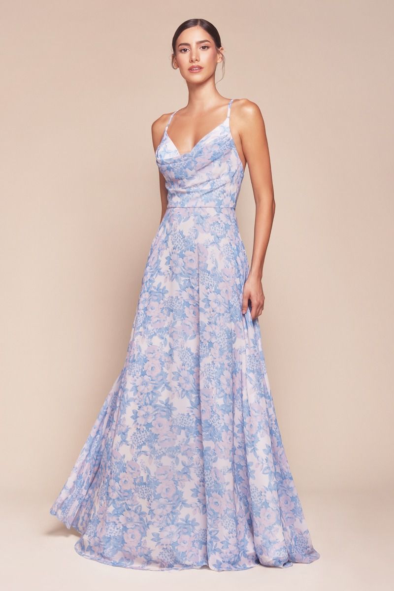 Karina A-Line Soft Satin Print Bridesmaid Dress Blue / 6 USA Karina A-Line Soft Satin Print Bridesmaid Dress Blue / 6 USA