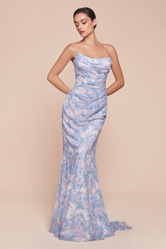 Strapless Floral Printed Soft Satin Dress