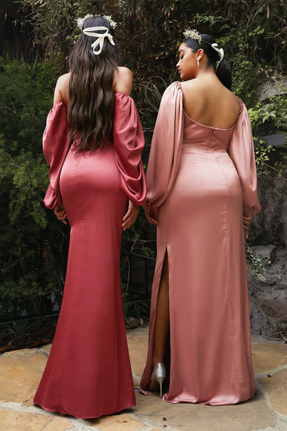 Long Sleeve Off Or On The Shoulder Soft Satin Dress.