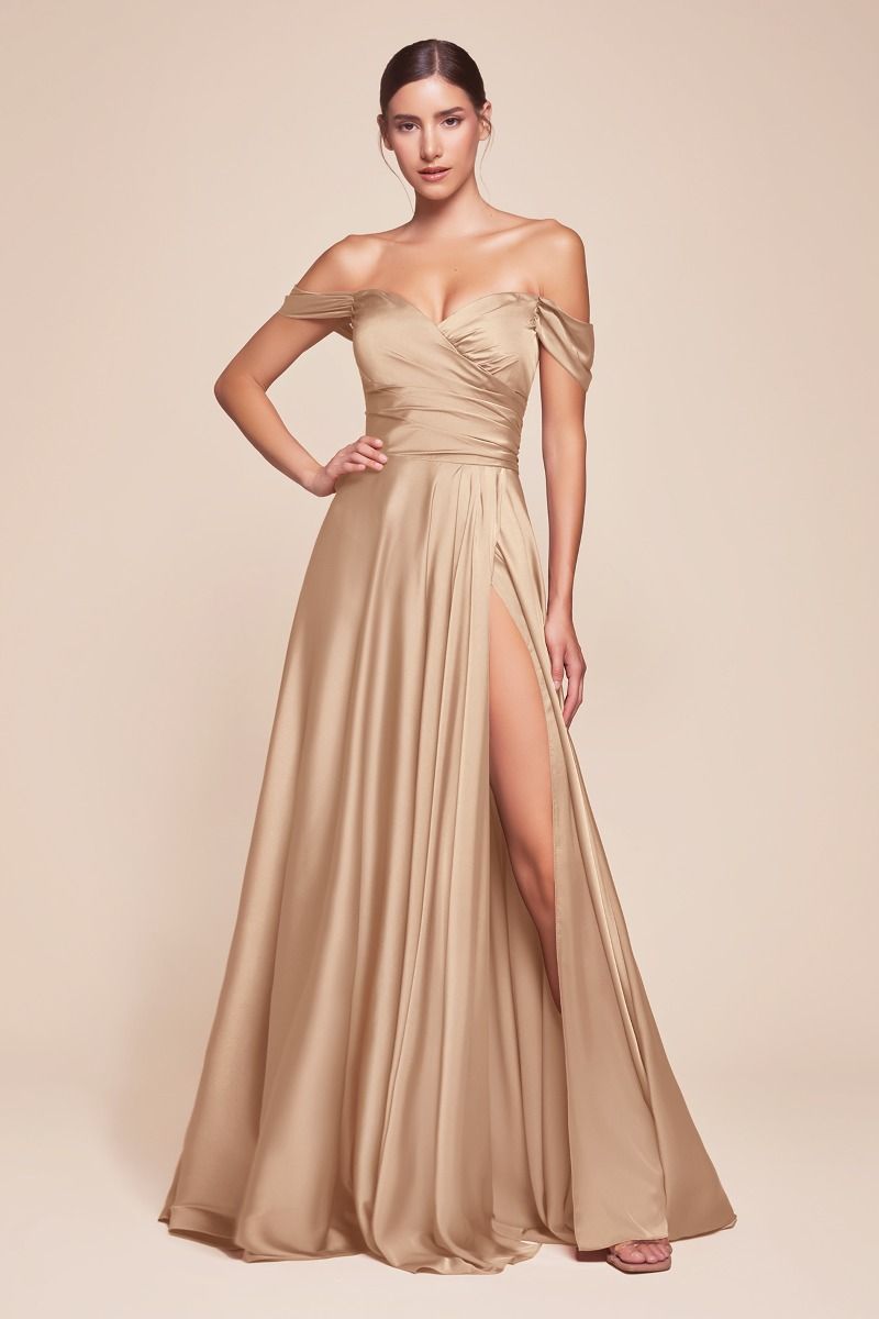 Classic Off-Shoulder Long Prom Dress with A-Line Skirt Champagne Gold / 14