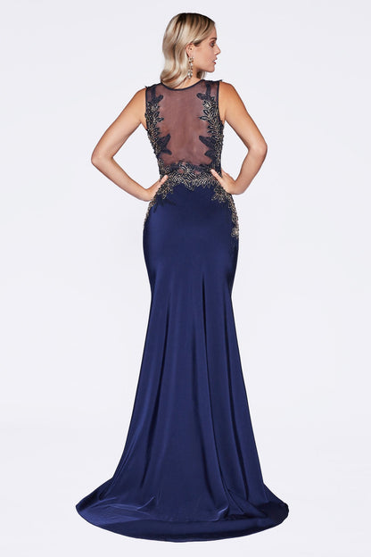Fitted Satin Gown with Beaded Lace Details
