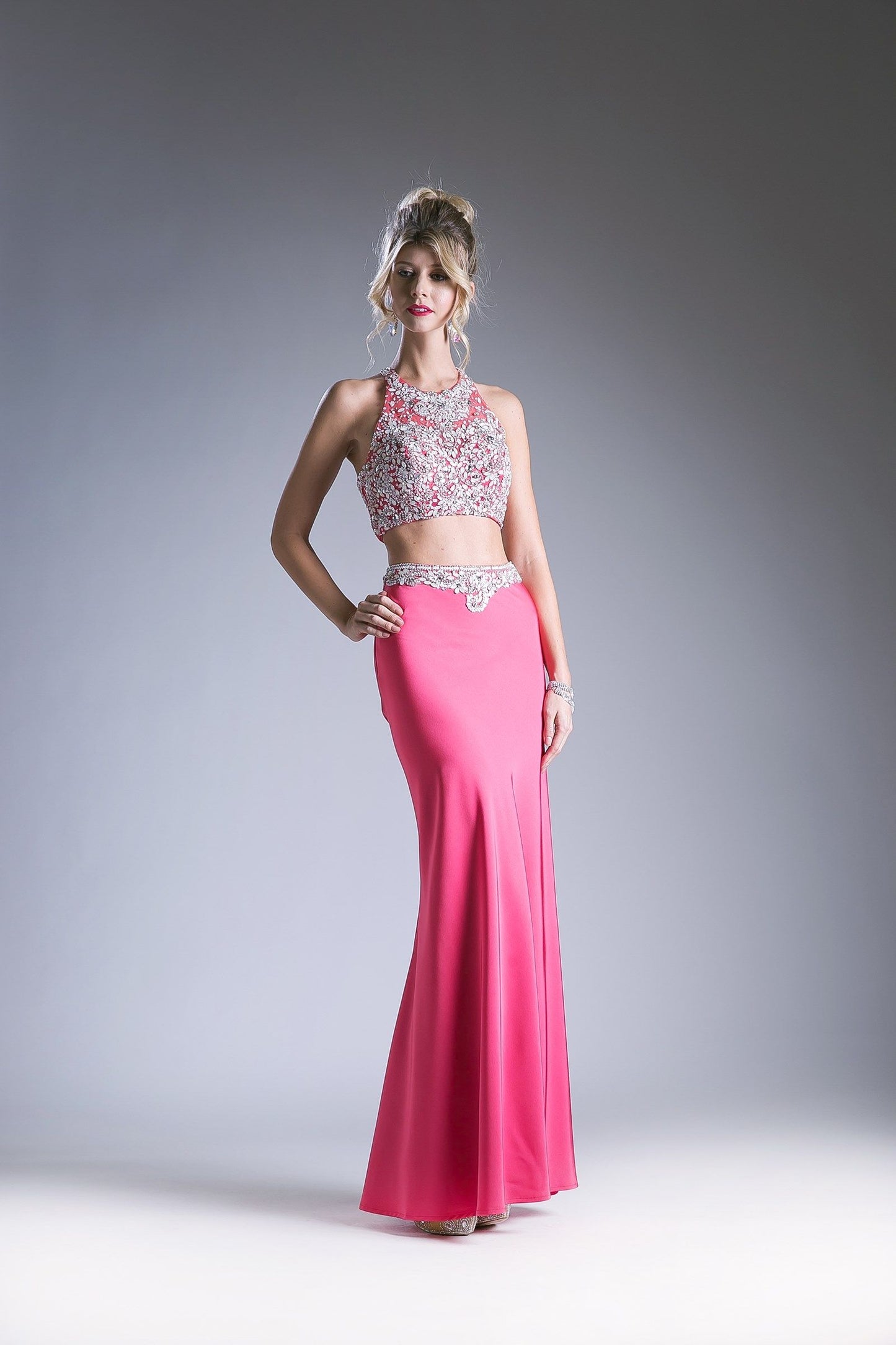 Two-piece dress with a high neckline and a sheath skirt