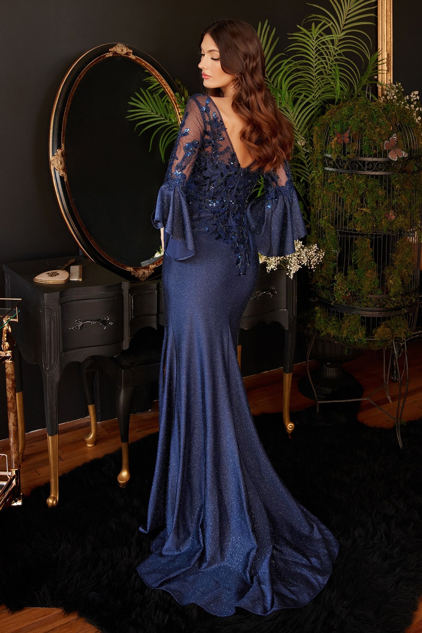 Long Bell Sleeve Lace & Satin Gown