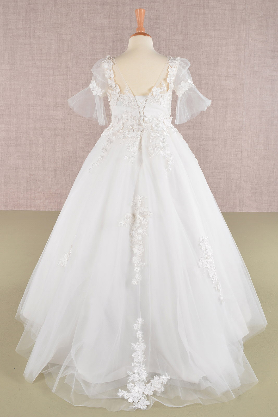 3D Floral Applique Mesh Kids Dress with Long Back Hem Tux USA