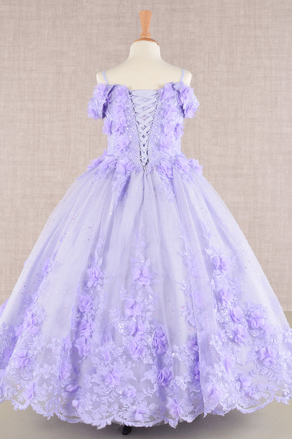 3D Floral Applique Embellished Glitter Embroidery Mesh Kids Dress