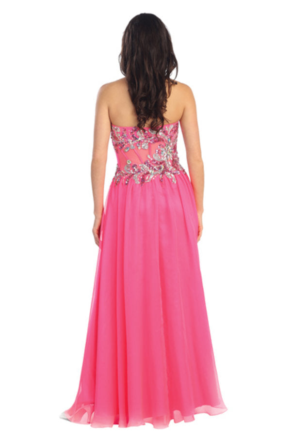 Jewel and Sequin Embellished Strapless Chiffon Long Dress with Sheer Cut Out and Side Slit