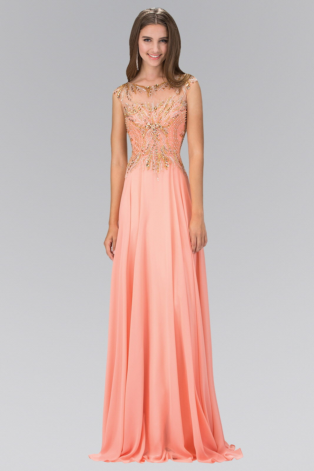 Floor Length Dress with Sheer Back and Bead Embellished Bodice