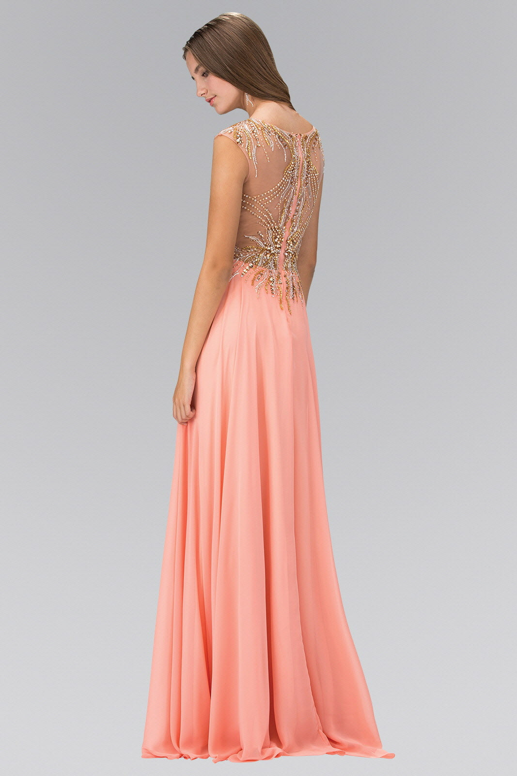 Floor Length Dress with Sheer Back and Bead Embellished Bodice