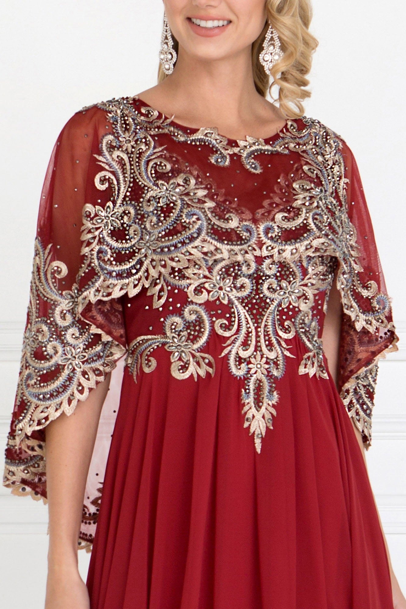 Chiffon A-Line Long Dress with Embroidered Cape Sleeves