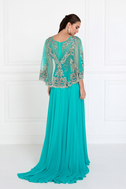 Chiffon A-Line Long Dress with Embroidered Cape Sleeves