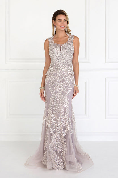 Mesh Mermaid Long Dress with Embroidery and Jewels Embellished