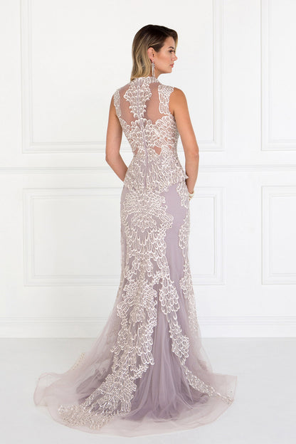 Mesh Mermaid Long Dress with Embroidery and Jewels Embellished