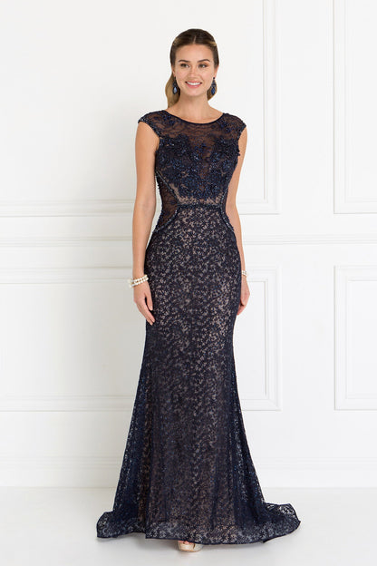 Lace EmbeLace Mermaid Long Dress with Beads and Jewels Embellished