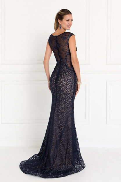 Lace EmbeLace Mermaid Long Dress with Beads and Jewels Embellished