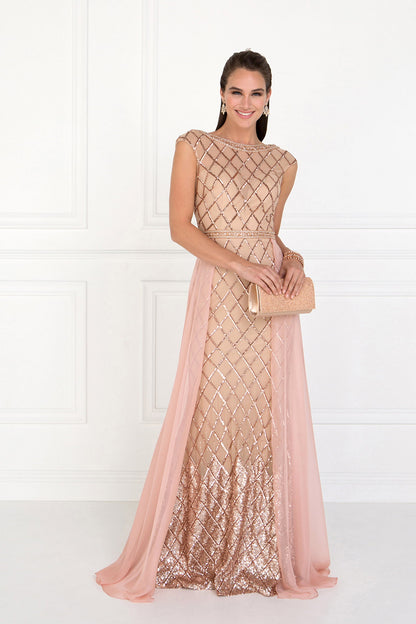 Chiffon Empire Long Dress with Jewels and Chiffon Overlay